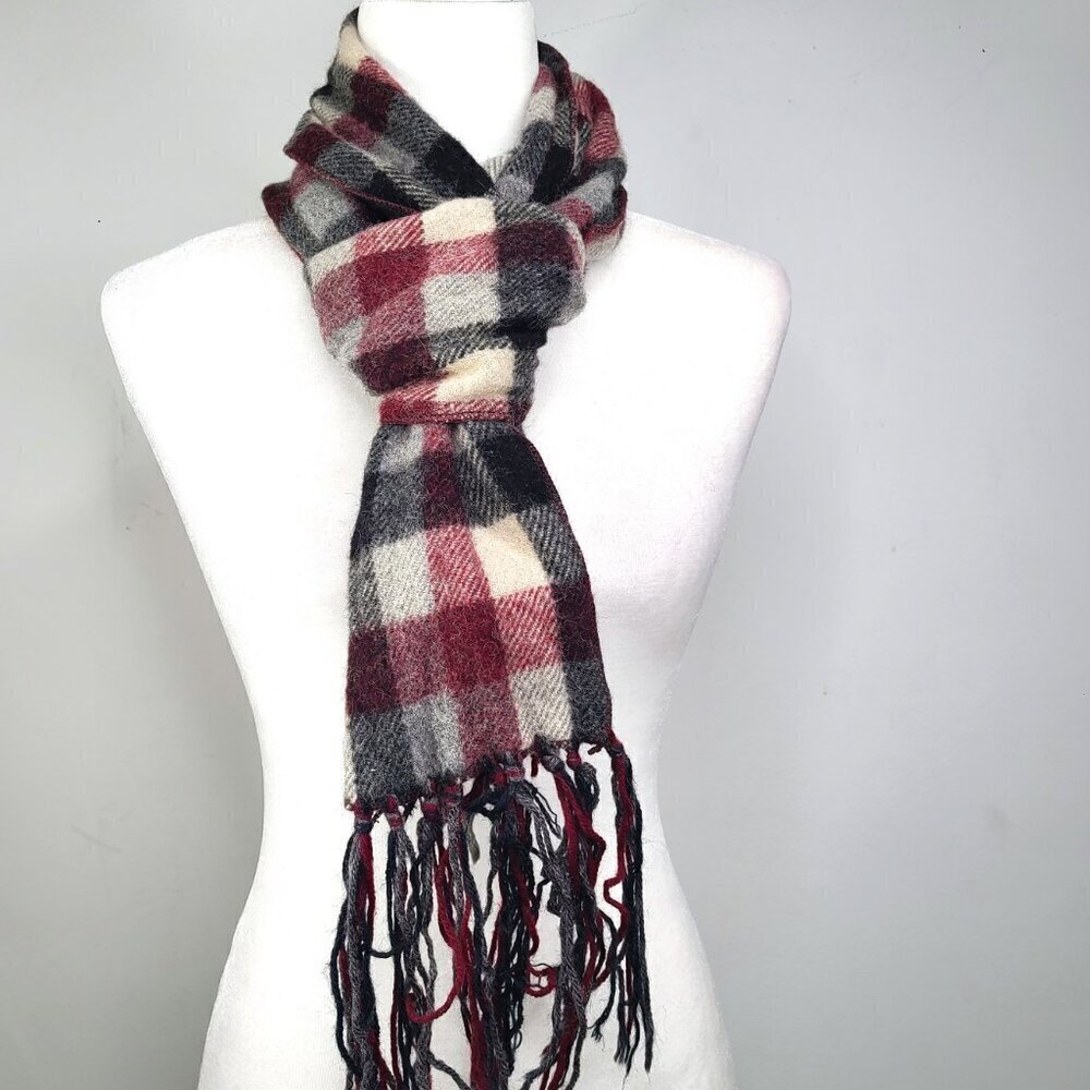 Unisex Burgundy Red Gray Black Plaid Fringe Scarf Wrap Long
